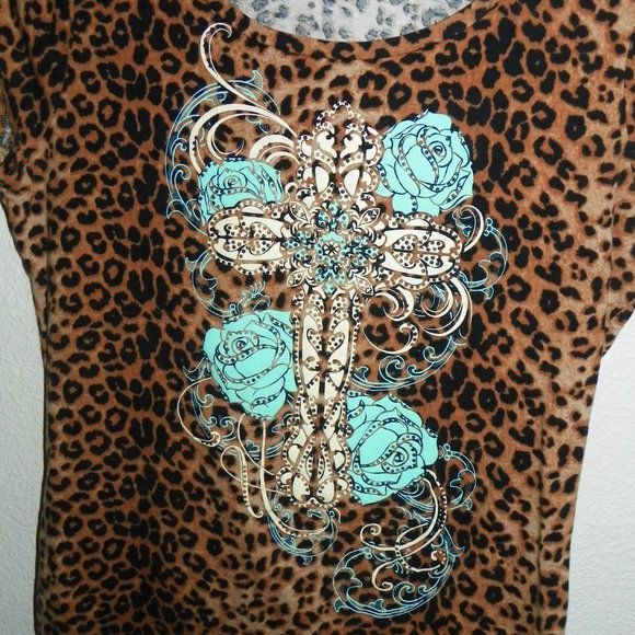 Brown Leopard Animal Print Teal Cross Top Sm - Picture 3 of 3